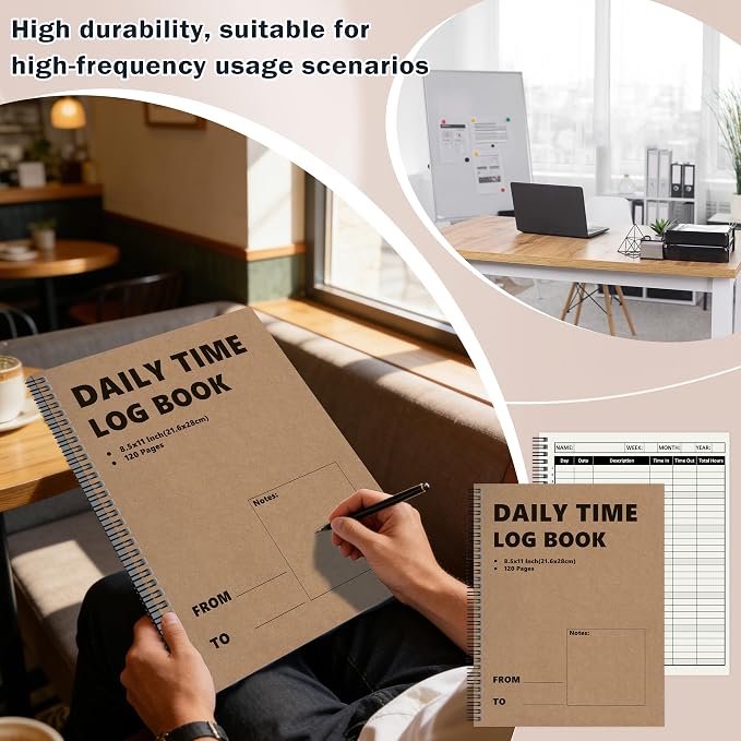 3 Pcs Daily Time Sheet Log Book Spiral 120 Pages 8.5x11 Inch Binder Work Hours - Image 5