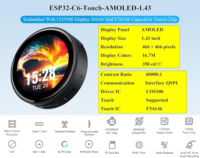 ESP32-C6 1.43inch AMOLED Round Touch Display Development Board, 160MHz RISC-V - Image 3
