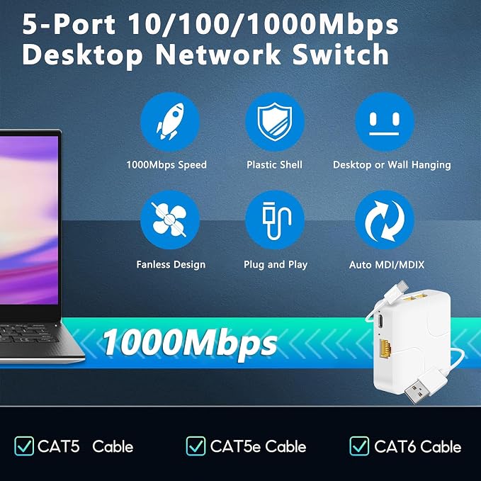 5 Port Gigabit Ethernet Switch Type-C 5V Powered 1000Mbps 1 in 4 Out Network - Image 5