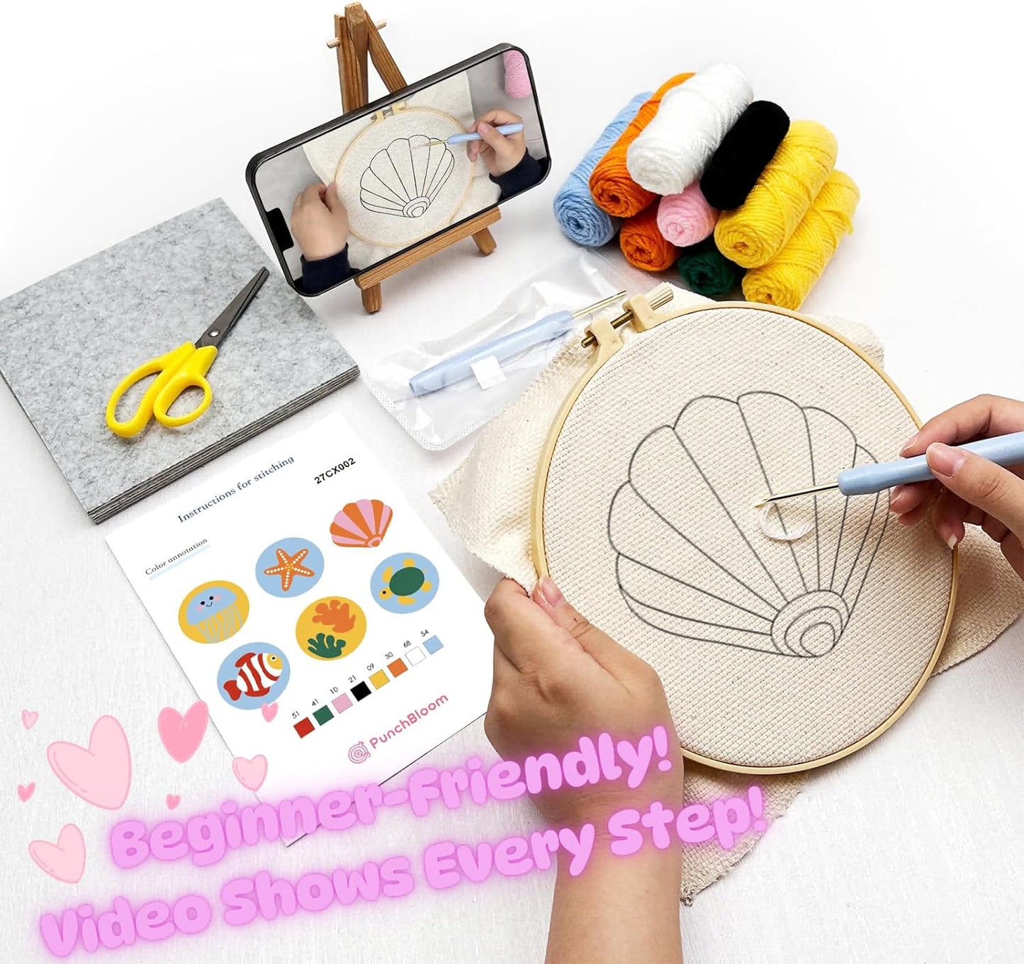 Punch Needl Kit for Adults Beginners, 6-Piece Marine Life Punch Coaster Starter Kit – Easy Embroidery Stitch Craft Set with Instructions – Fun Needle Point Tufting for Table Decor & Festival Gifts