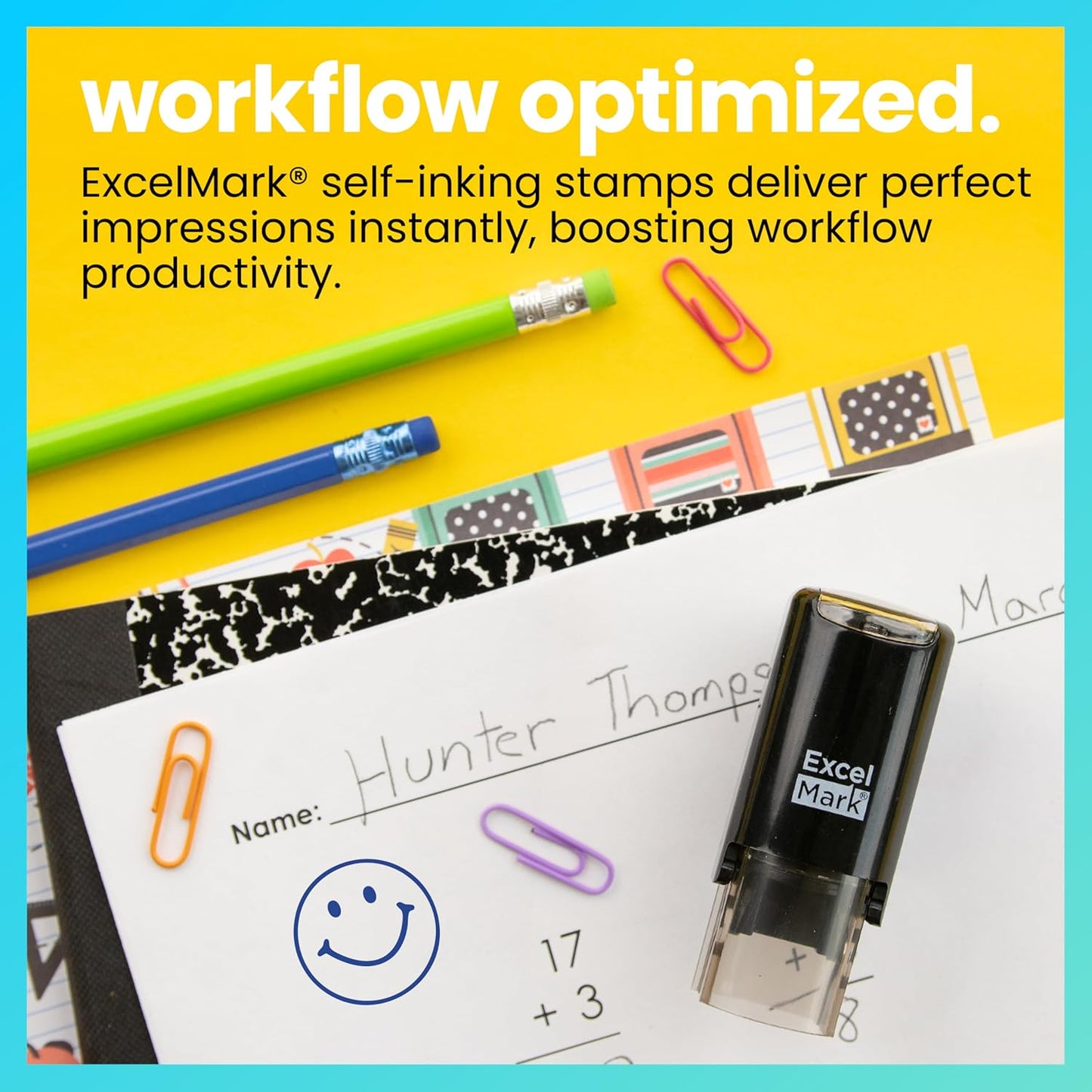 ExcelMark Round Teacher Stamp - Smiley FACE 1 - Blue Ink