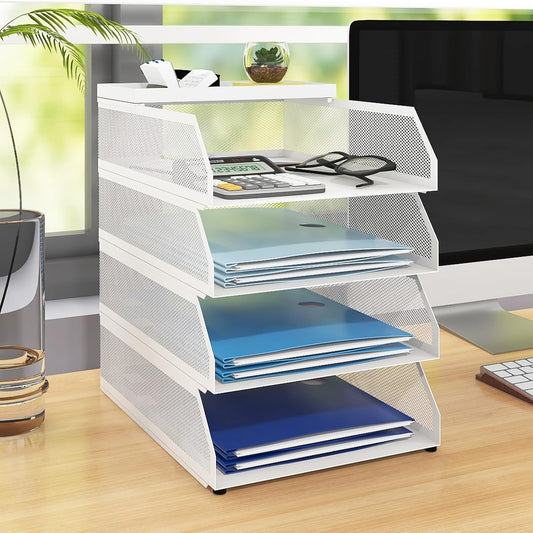 Natwind 4-Tier Stackable Paper Tray, Metal Mesh Desktop Organizer, Paper Sorter, Letter Trays,File Document Storage Rack for for Home, Office, School (White)