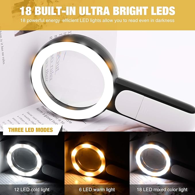 JMH Magnifying Glass with Light, Handheld Large Magnifying Glass 18LED Cold and - Image 5
