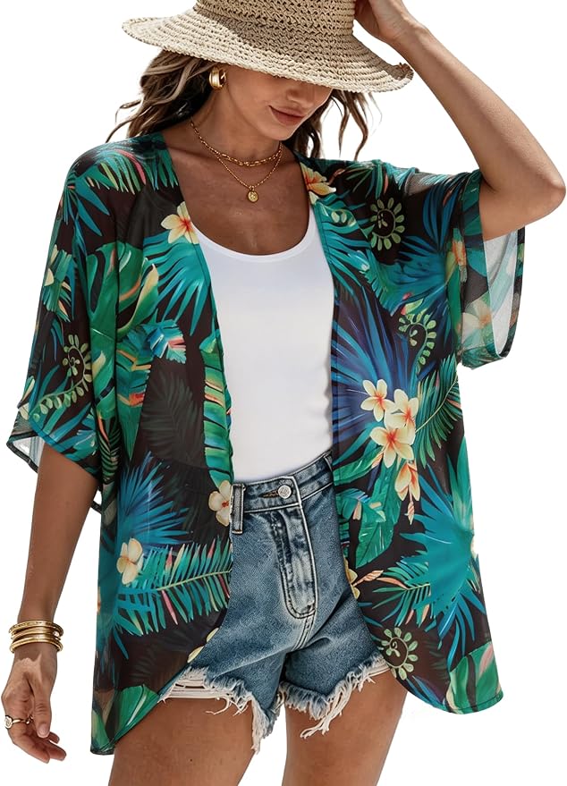 Women's Floral Print Puff Sleeve Kimono Cardigan Loose Cover Up Casual Blouse by CHICGAL