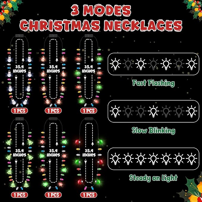6PCS Light Up Christmas Necklaces, 3 Glow Modes Multicolor Christmas Accessories - Image 2