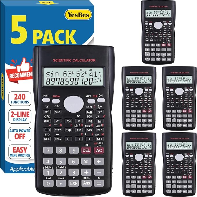 5 Pack Scientific Calculators, 2-Line Large Screen Display 240 Functions by YesBes