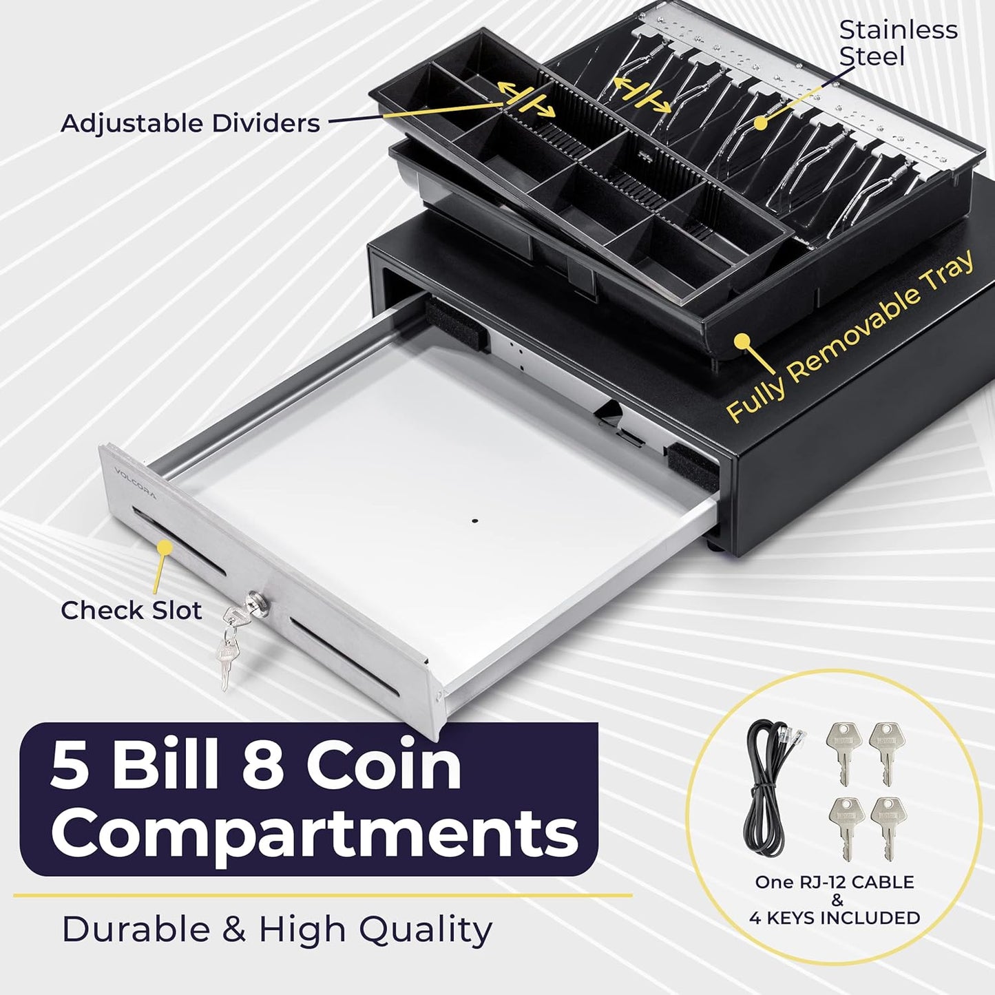 Volcora 16" Manual Push Open Cash Register Drawer for Point of Sale (POS) System - Black and Stainless Steel Front Touch Panel - Durable Cash Drawer with Removable Tray, 5 Bills and 8 Coin Slots
