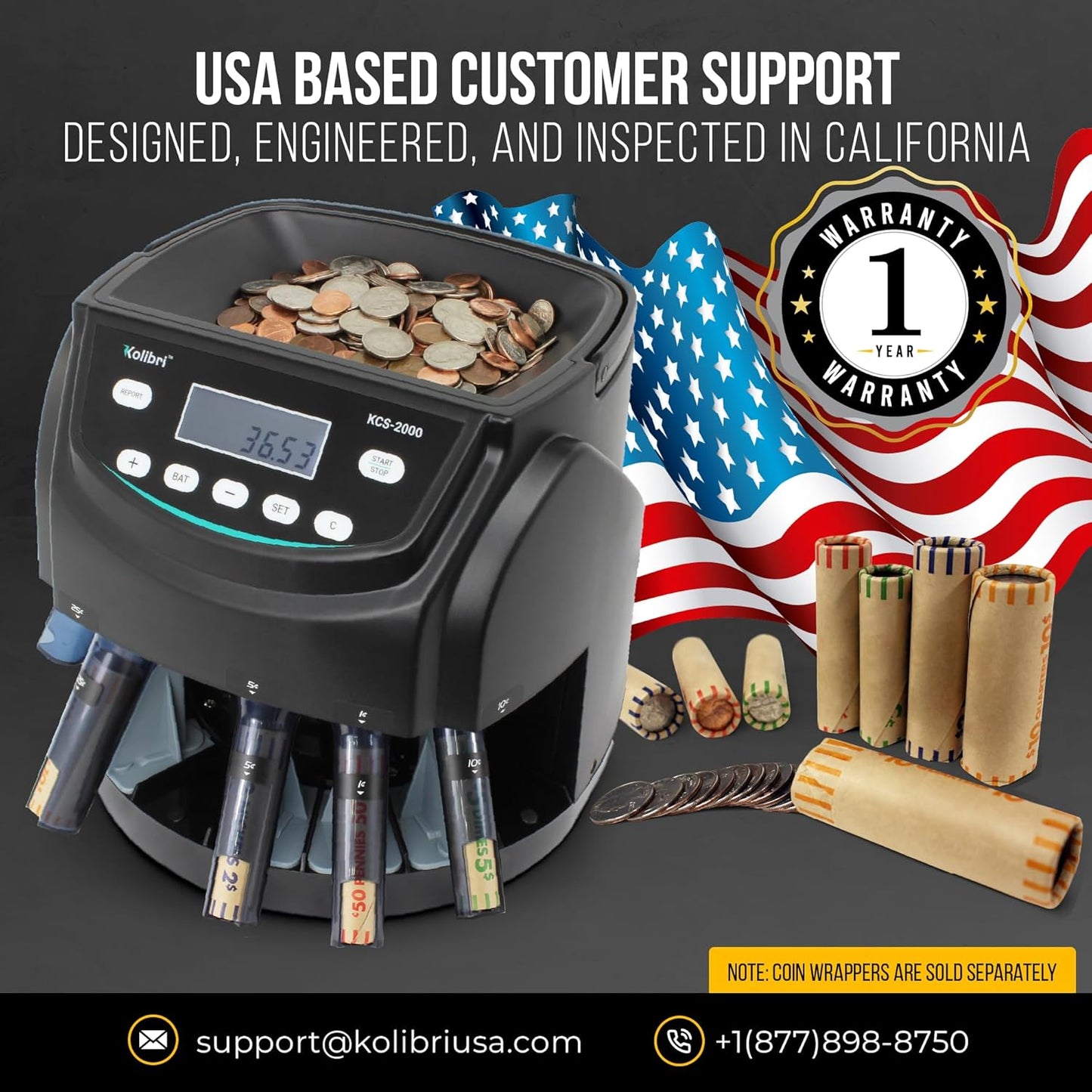 Kolibri KCS-2000 Professional USD Coin Counter Machine, Coin Sorter, Wrapper/Roller | 300 Coins/min, LED Display, Batch Feature | USD Change Counter (USA Tech Support)