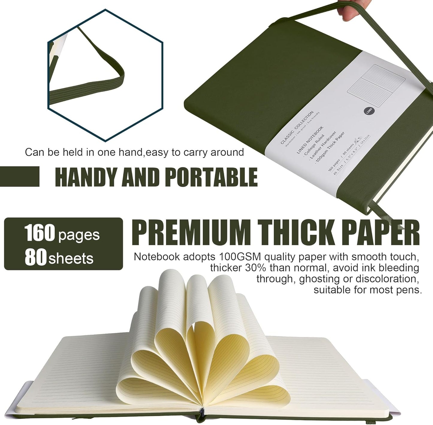 Lined Journal Notebook, 6Pack(Olive Green), 160 Pages, Medium 5.7 inches x 8 inches - 100 gsm Thick Paper, Hardcover
