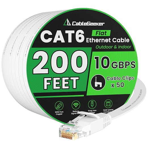 Cat 6 Ethernet Cable 200 ft, High Speed 10Gbps Flat Internet Network Cable by CableGeeker