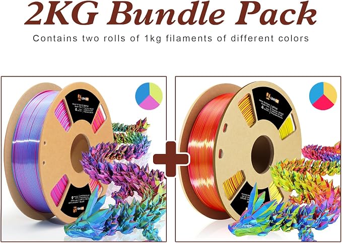LOVOON Silk PLA 3D Printer Filament Bundle 2 KG, PLA Filament 1.75mm, Shiny - Image 2