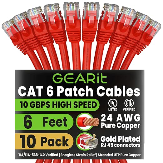 GEARit Cat 6 Ethernet Patch Cable 6 ft Red Cat6 Patch Cables 6ft Red/Ethernet by GEARit