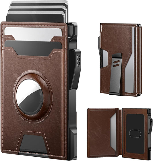 typecase AirTag Wallet for Men: Pop Up Card Case, Secure Holder for Apple Air Tag, Premium Leather, Smart, RFID Blocking, Slim, Minimalist, Thin, 13 Cards Capacitiy | ID Window | Money Clip (Brown)