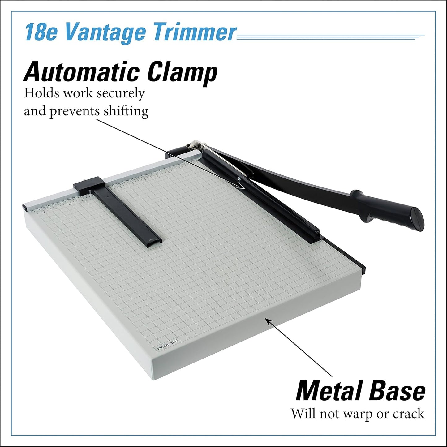 Dahle Vantage 18e Paper Trimmer, 18" Cut Length, 15 Sheet, Automatic Clamp, Adjustable Guide, Metal Base with 1/2" Gridlines, Guillotine Paper Cutter