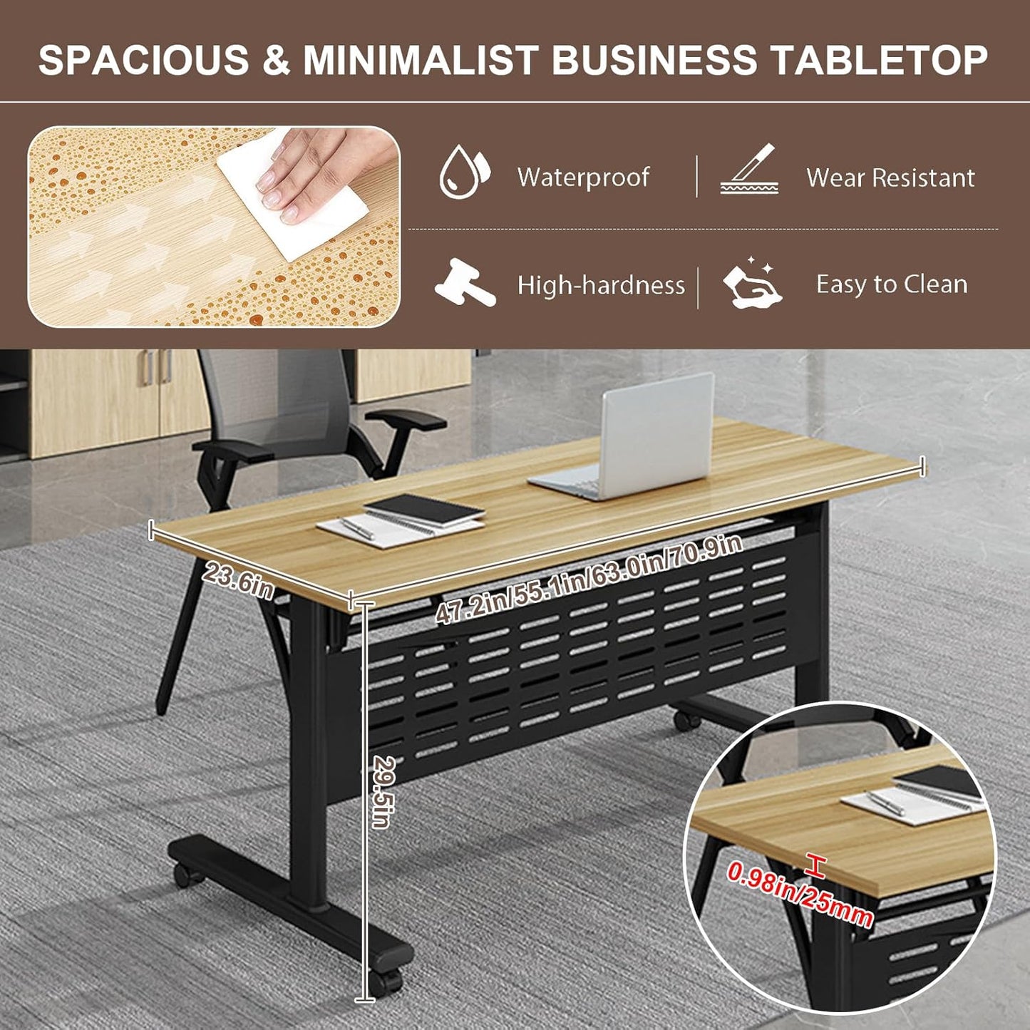 Folding Conference Room Table, Modern Conference Tables with Wheels, Large Rectangular Mobile Training Tables for Office Classroom, Foldable Modular Boardroom Seminar Table Maple (4pack L70.9in)