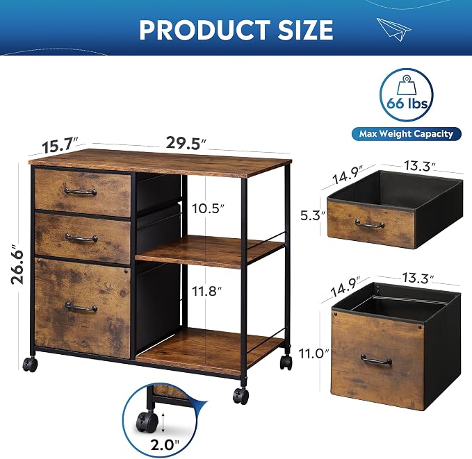 DEVAISE 3 Drawer Mobile File Cabinet, Rolling Printer Stand - Image 3