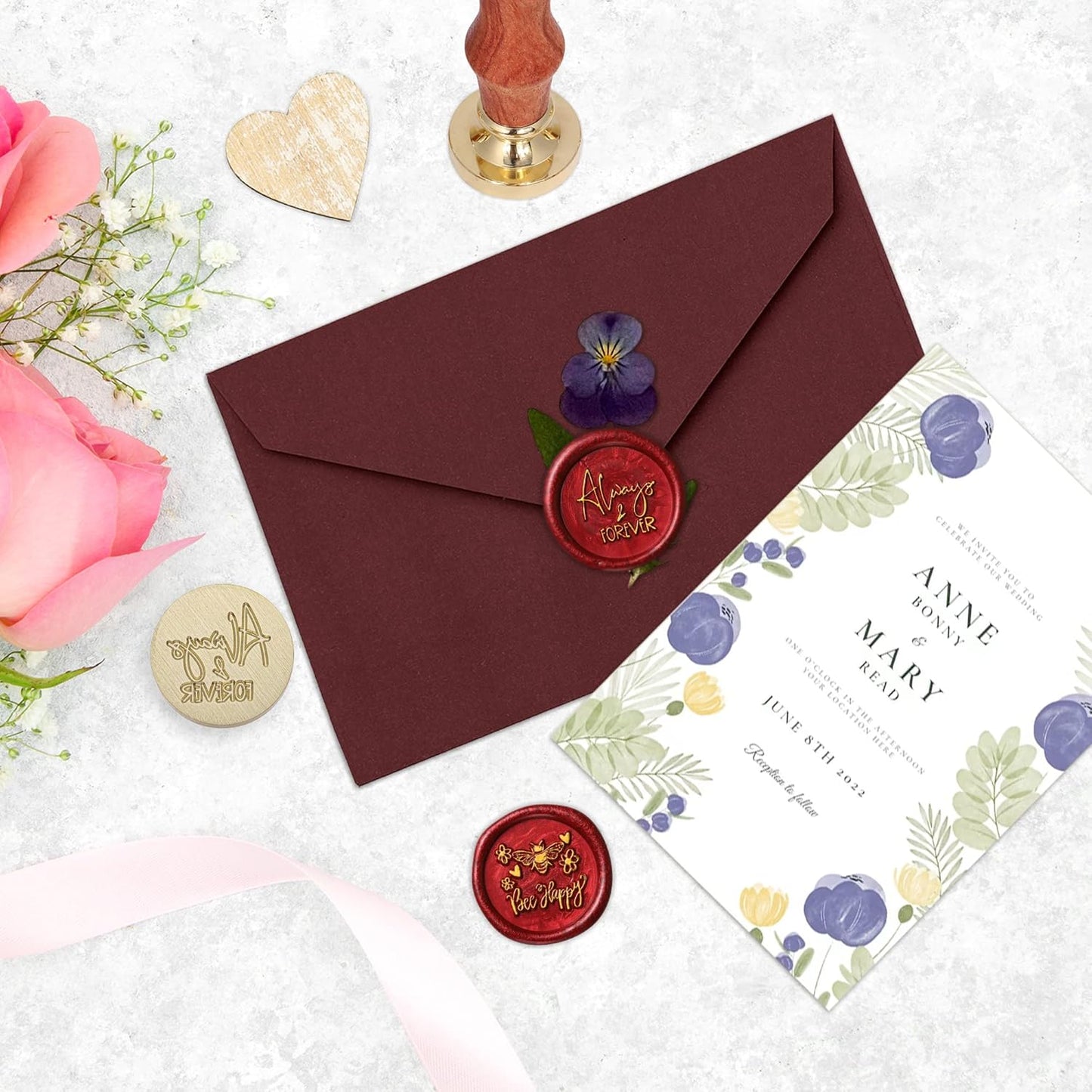 Yoption Wax Seal Stamp Gift Box Kit, 6 Pieces Blessing Sealing Wax Stamp Heads with 1 Wooden Hilt Set, Wax Stamp Kit for Envelopes Invitation Card Gift Decoration (Phrases Series)
