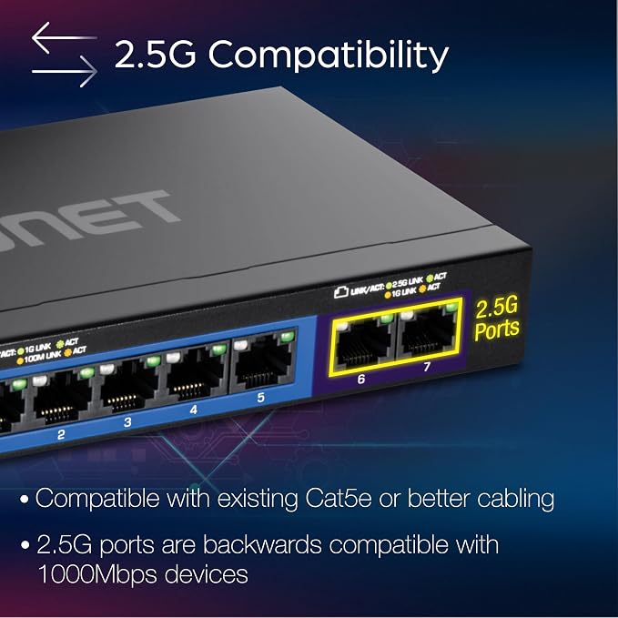 TRENDnet 7-Port Multi-Gig Gaming Switch, 5 x 1G RJ-45 Base-T Ports, 2 x 2.5G - Image 4
