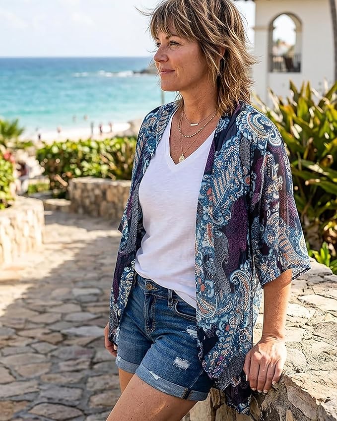 Women's Floral Print Puff Sleeve Kimono Cardigan Loose Cover Up Casual Blouse - Image 3
