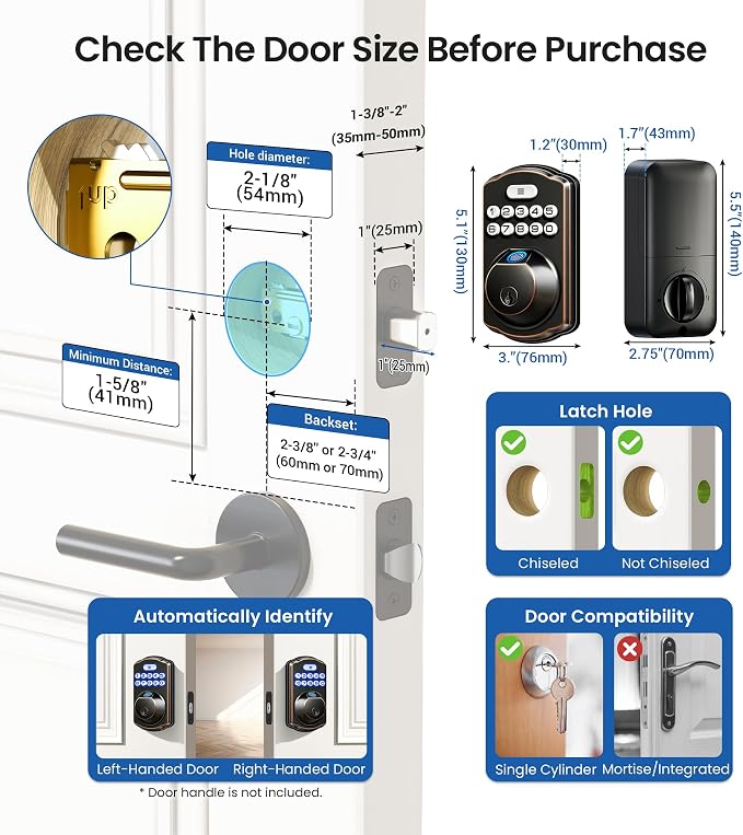 Veise KS02A Fingerprint Keyless Entry Door Lock, Auto Lock, Electronic Keypad - Image 9