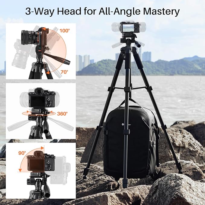 74'' Camera Tripod, Fotopro Lightweight Aluminum Travel Tripod - Image 3