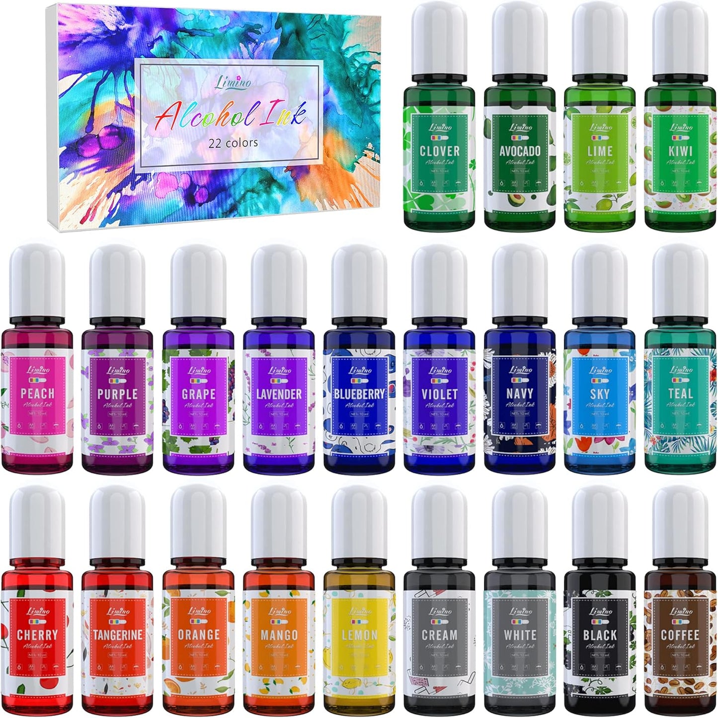 Alcohol Ink Set - 22 Colors x 0.35oz Alcohol Based Ink for Epoxy Resin Painting, Resin Petri Dish Making - Concentrated Alcohol Paint Color Dye for Resin Art, Coaster, Yupo, Tumbler Making - 10ml Each
