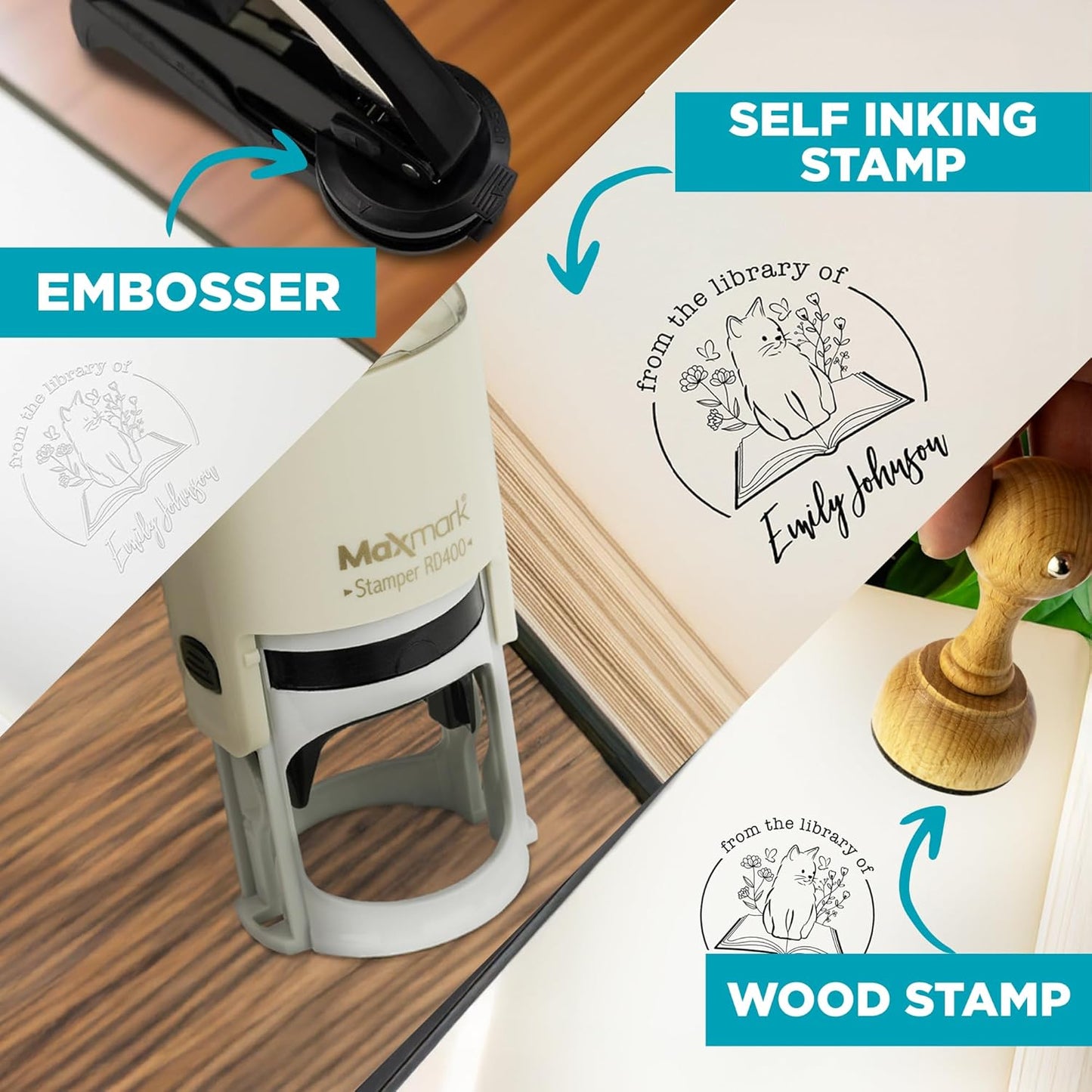 Custom Library Embosser - Style 109 - Embosser, Wood Stamp or Self Inking Stamp - Book Embosser Includes 50 Gold Seals - Custom Stamp Seal from The Library of