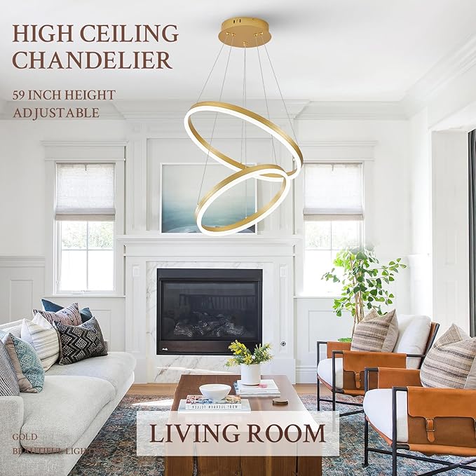 Modern LED Chandelier Gold 2-Rings Pendant Light Circular Flush Mount Ceiling - Image 6