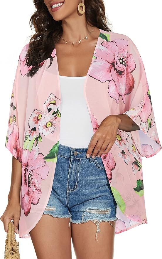 Women's Floral Print Puff Sleeve Kimono Cardigan Loose Cover Up Casual Blouse - Image 2