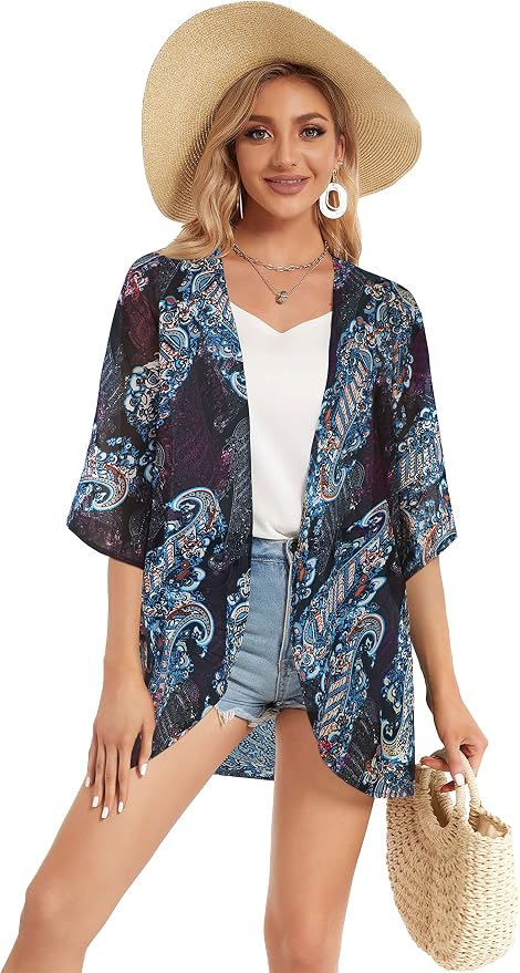 Women's Floral Print Puff Sleeve Kimono Cardigan Loose Cover Up Casual Blouse - Image 8