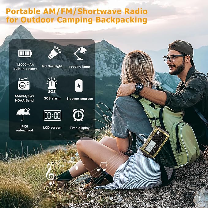 12000mAh/44400mWh Weather Radio, Hand Crank Emergency Radio Portable AM FM - Image 7