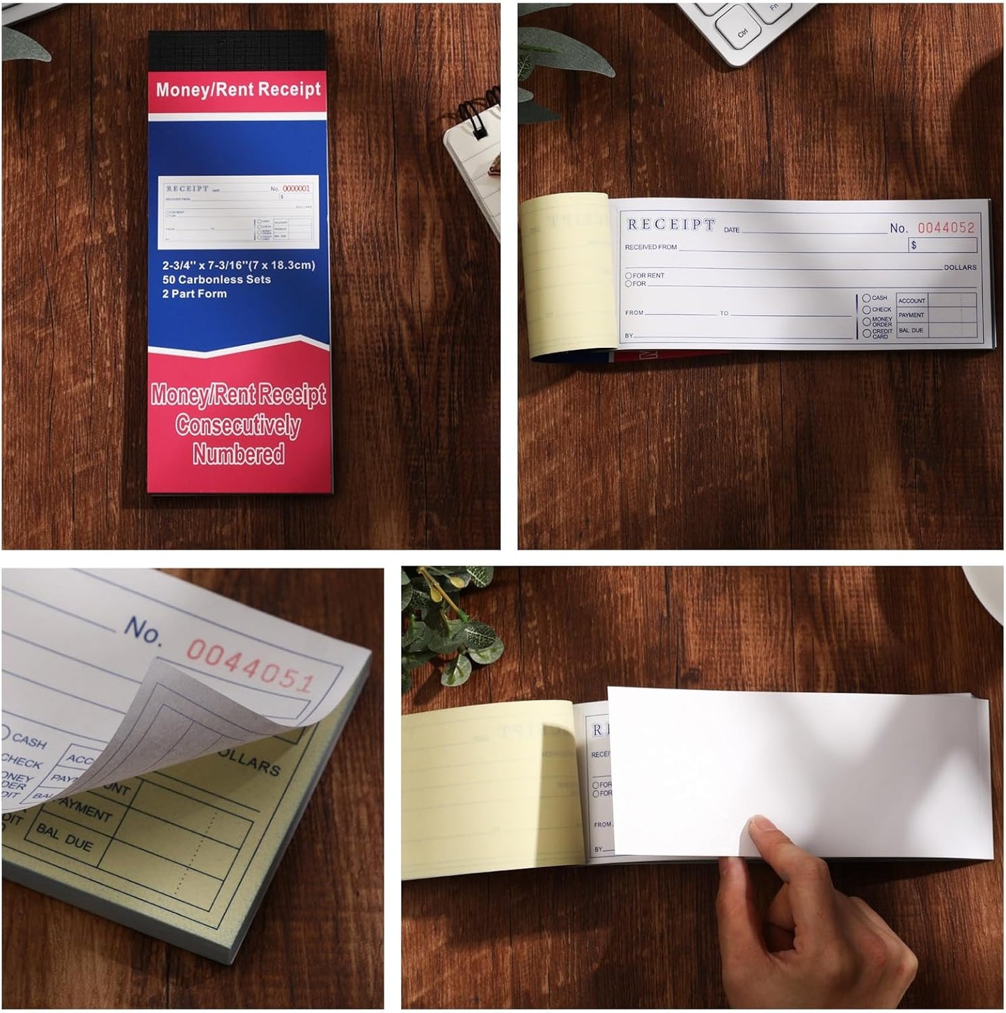 Crtiin 40 Pads Money and Rent Receipt Book 2.75 x 7.2 Inch Bound Cover 2 Part Carbonless Receipt Book with Carbonless Copies Receipt Log Book 50 Sets Per Book