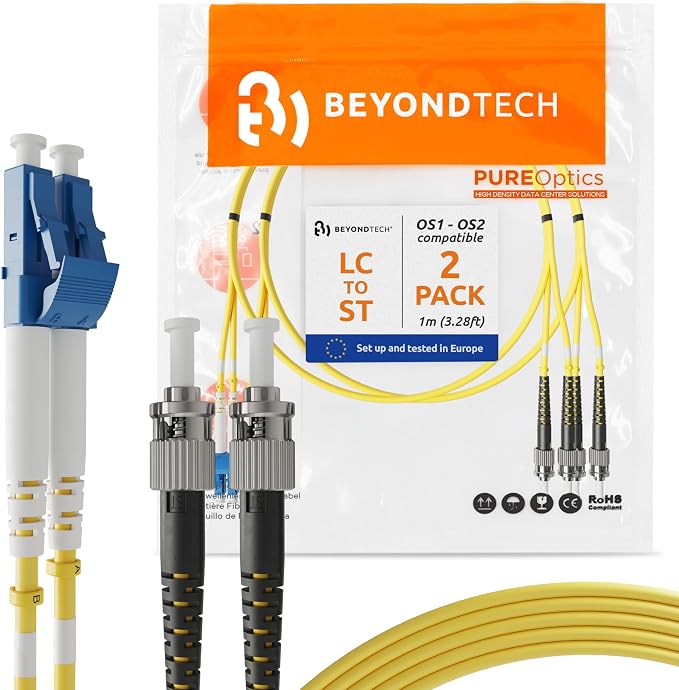 BEYONDTECH 1m LC to ST Fiber Patch Cable – UPC Single-Mode Duplex Fiber Optic by Beyondtech
