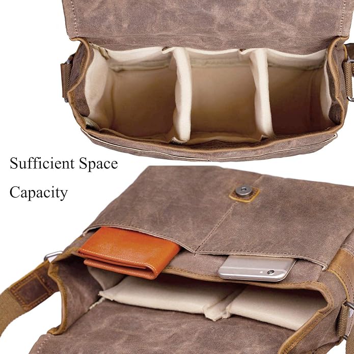 SLR Camera Bag, Waterproof Wax Canvas Bag Vintage Camera Case Messenger Bag - Image 3