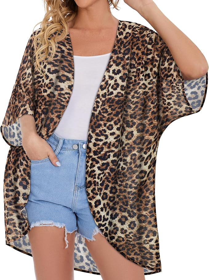 Women's Floral Print Puff Sleeve Kimono Cardigan Loose Cover Up Casual Blouse - Image 3