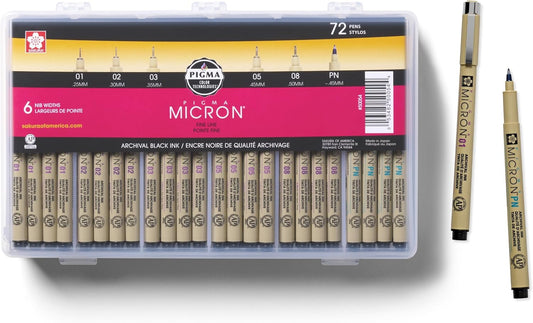 SAKURA Pigma Micron Fineliner Pens - Archival Black Ink Pens - for Writing or Drawing for Artists, Crafters & DIY Gifts Projects - Assorted Point Sizes - 72 Count