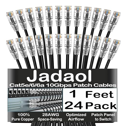 Jadaol UL Listed Patch Cables Cat 6a / Cat 6 1 ft 24-Pack, 10Gbps 550MHz Slim by Jadaol