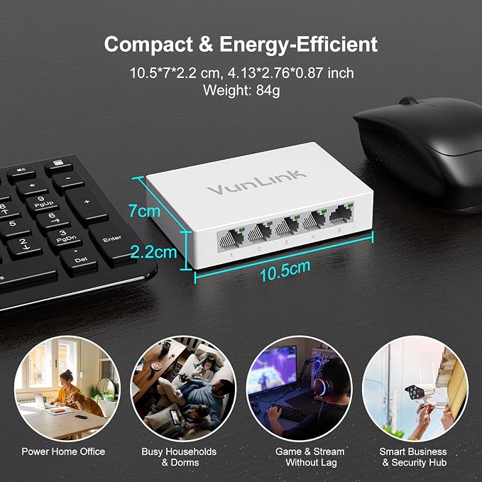 5 Port Gigabit Ethernet Switch – VunLink Unmanaged Network Switch Hub, Desktop - Image 6