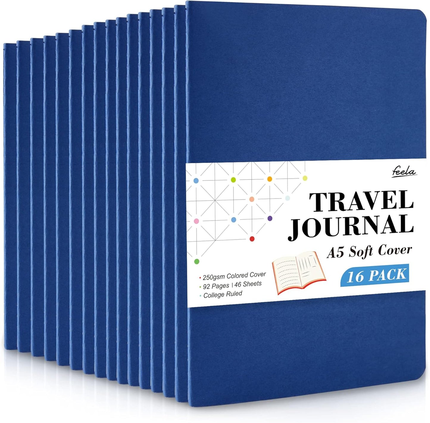 feela 16 Pack Soft Cover Journal Bulk, Lined Notebooks College Ruled for Work for Women Girl Writing, Blank Travel Journal Note Taking Notebook School Business Supplies, 8.2” x 5.5”, A5, Navy
