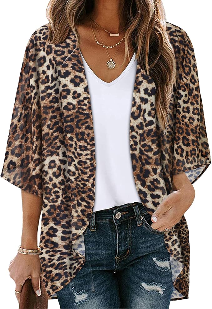 Women's Floral Print Puff Sleeve Kimono Cardigan Loose Cover Up Casual Blouse - Image 2
