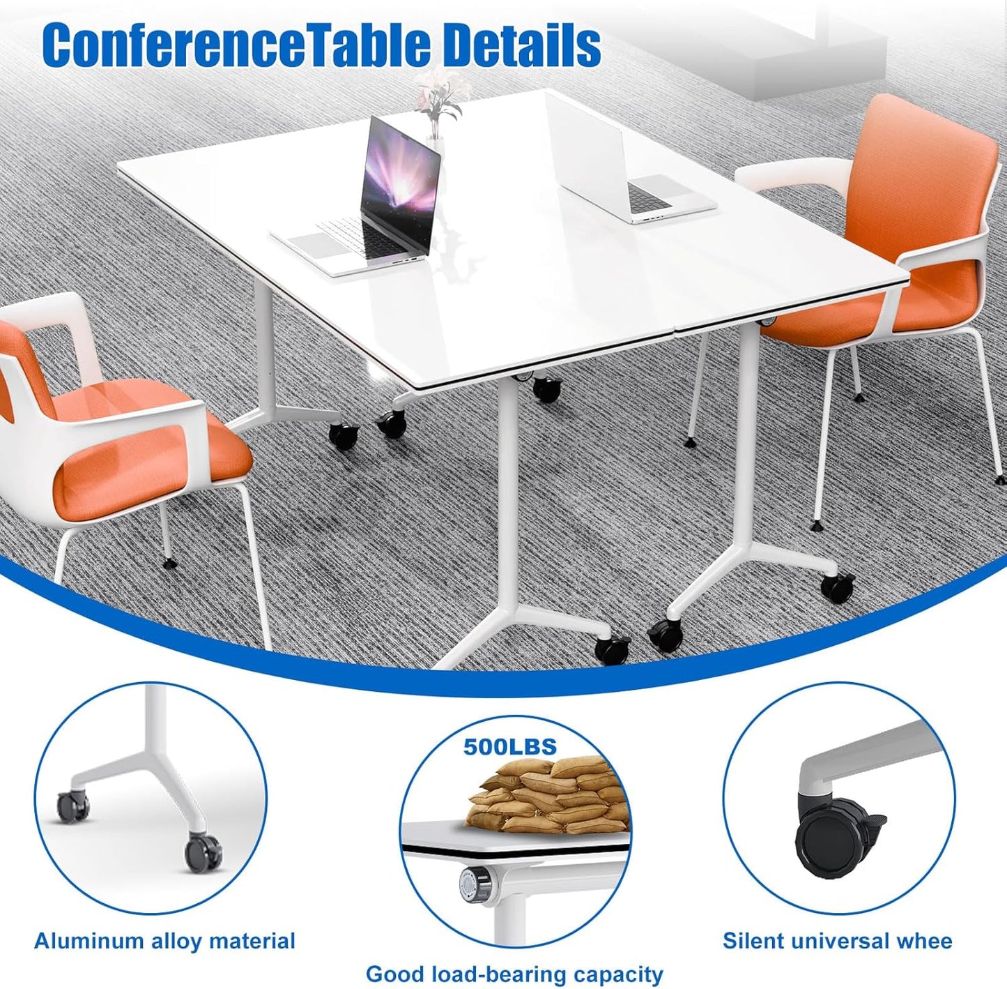 Conference Table, Folding Conference Desk Modern White, Seminar Table with Wheels, 2-10 People for Office, Meeting Break Room (2, 1915, 71IN)