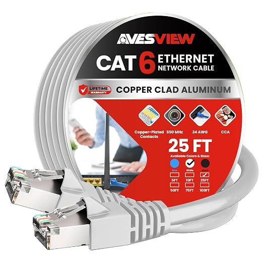 CAT 6 Shielded Ethernet Cable 25 FT, Indoor High-Speed 10Gbps Snagless 25FT by AvesView