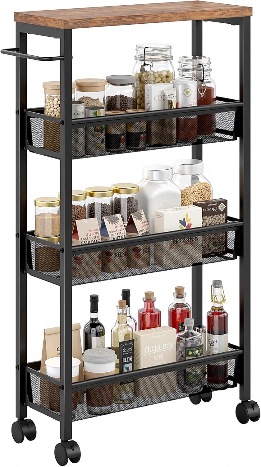 VECELO 4 Tier Slim Rolling Cart Organizer, Rolling Carts On Wheels with Storage, Sturdy Metal Frame Narrow Cart with Handle, Space Saving for Kitchen, Bathroom, Laundry, Rustic Brown
