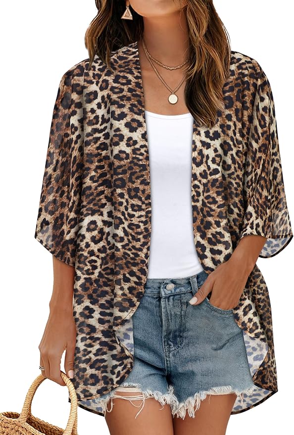 Women's Floral Print Puff Sleeve Kimono Cardigan Loose Cover Up Casual Blouse by CHICGAL