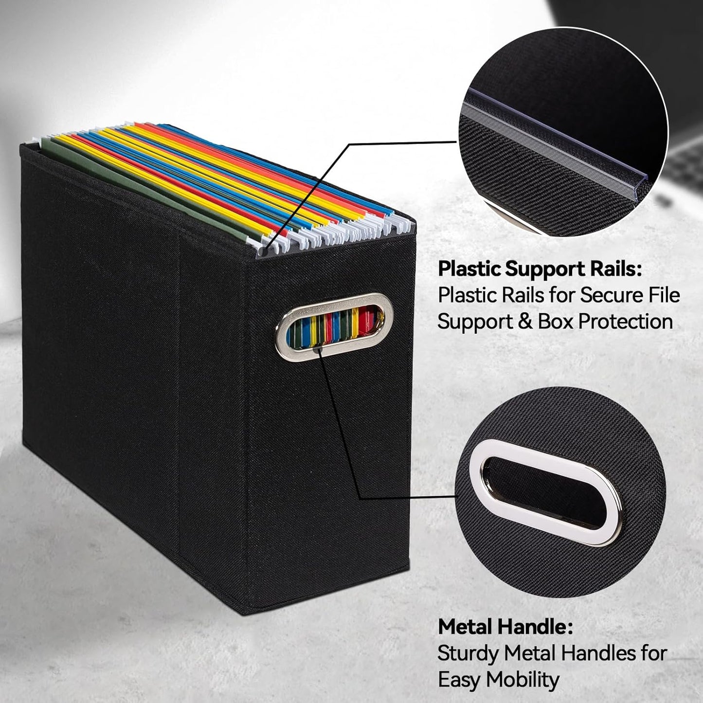 6 Packs Letter Size File Organizer, File Folders Organizer, Fabric Storage Box, Collapsible Paper Organizer with Metal Handle, Smooth PVC Rails, Only Box (Black)