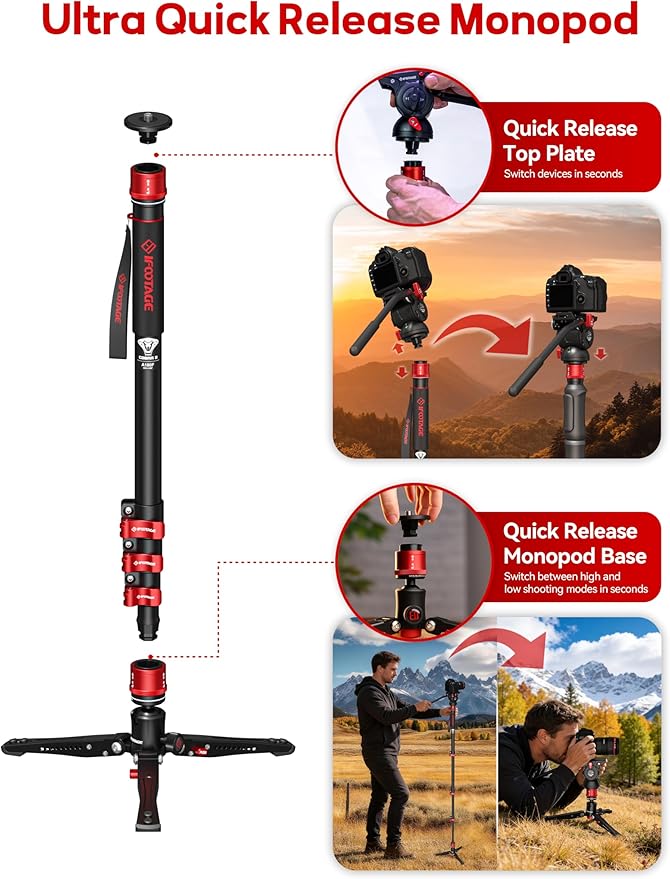 IFOOTAGE Monopod Cobra 3 A180F, Telescopic Video Mono pod Compatible - Image 4