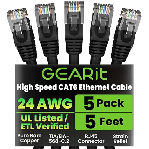 GEARit Cat 6 Patch Cables 5 ft Black Cat6 Patch Cables 5ft Black/Ethernet Patch by GEARit