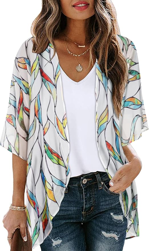Women's Floral Print Puff Sleeve Kimono Cardigan Loose Cover Up Casual Blouse by CHICGAL