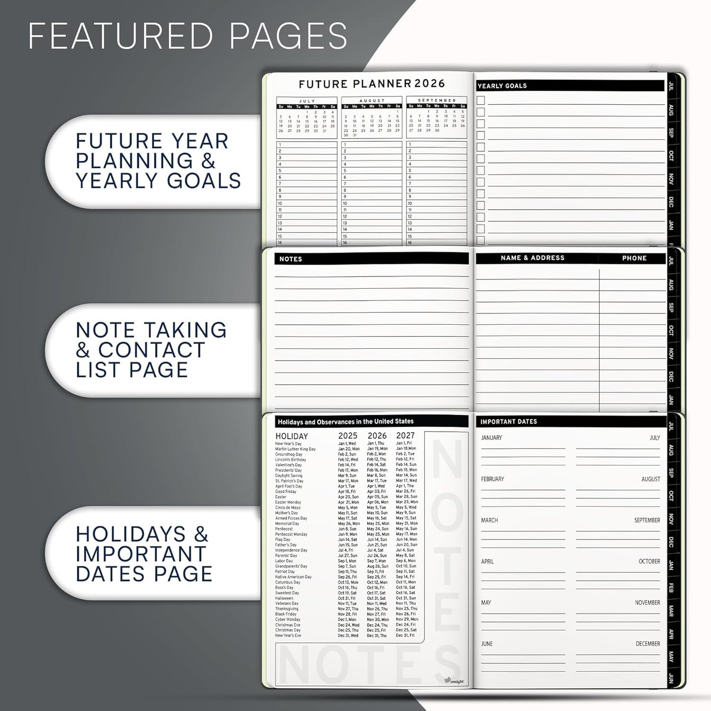 Ensight 2025-2026 HARDCOVER Leather Planner Weekly & Monthly - 6.5x8.5 Inches - Academic Planner Business Personal or Student - Pen Holder, Thick Paper, July 2025 - June 2026 (Grey)