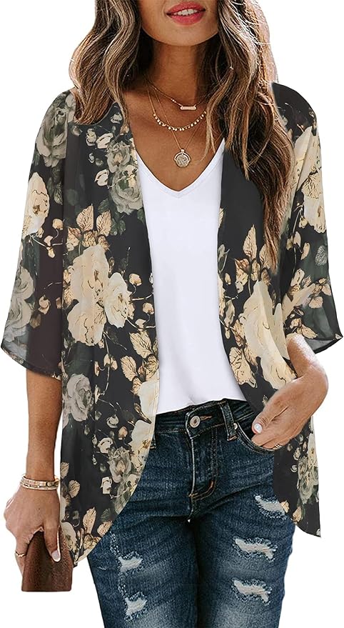 Women's Floral Print Puff Sleeve Kimono Cardigan Loose Cover Up Casual Blouse by CHICGAL